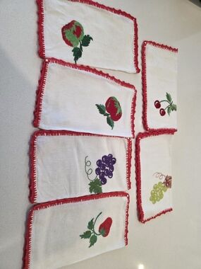 Vintage Fruit Embroidered Cocktail Napkins - Red Trim